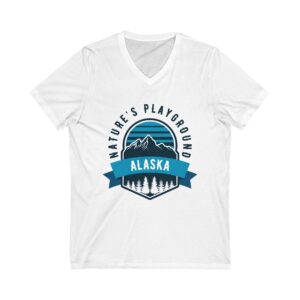 Nature’s Playground: Adventure-friendly Short Sleeve V-Neck Tee depicting Alaska, The Last Frontier