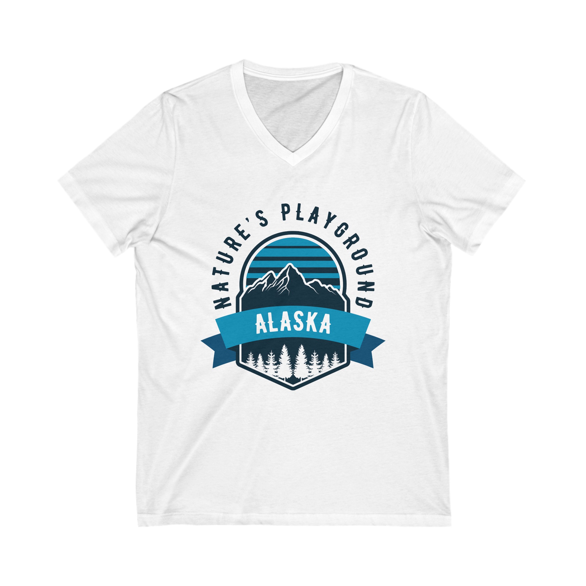 Nature’s Playground: Adventure-friendly Short Sleeve V-Neck Tee depicting Alaska, The Last Frontier