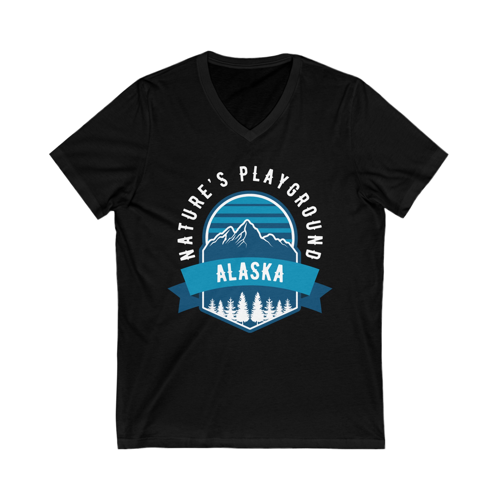 Nature's Playground: Adventure-friendly Short Sleeve V-Neck Tee depicting Alaska, The Last Frontier